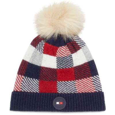 Tommy Hilfiger Equestrian Women´s Beanie Check with Faux Fur Pom FW23, Beanie, Knitted Hat 