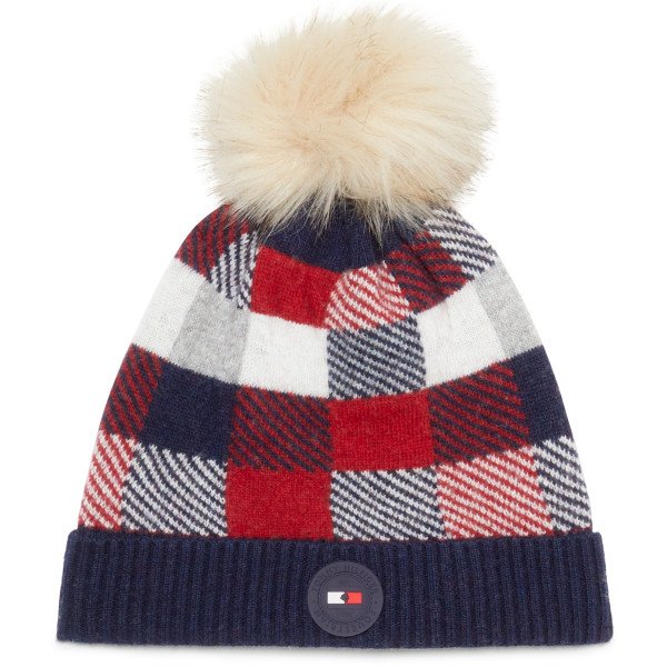 Tommy Hilfiger Equestrian Women´s Beanie Check with Faux Fur Pom FW23, Beanie, Knitted Hat